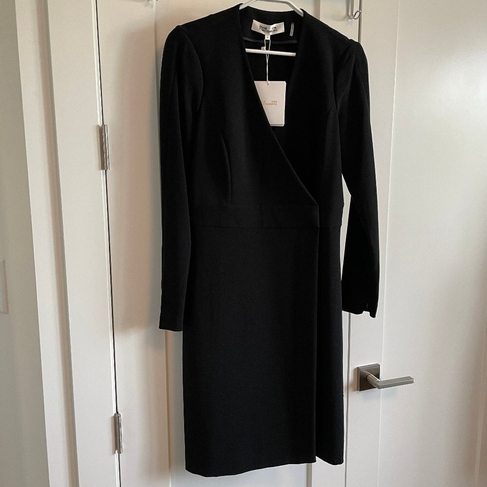 Diane Von Furstenberg Classic LS Triacetate Blend Midi Wrap Dress Blk Sz 8 NWT